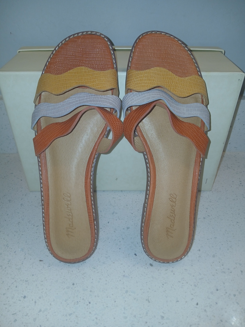 Madewell Orange, Yellow & Light Gray Wavy Strap Slide Sandals